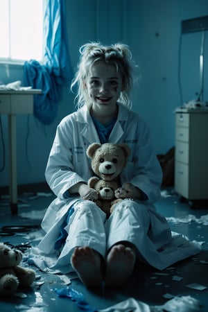 1 girl,Empty room, entirely covered in blue tarpaulin, clinical atmosphere, single chair in center. Young girl in white lab coat sitting, unsettling wide smile, pale skin, messy hair. Broken teddy bear at her feet, stuffing spilling out. Harsh fluorescent lighting casting eerie shadows. Minimalist composition, hyper-realistic details, psychological horror undertones. Contrasting innocence and unease, sterile environment with disturbing elements, cinematic framing