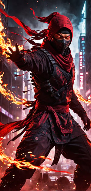 powerful painting,
1man,Ninja Slayer, the ninja who kills ninjas,((in fiery red attire:1.2)),((all red clothes:1.4)),Eyes glowing red with vengeance. Elongated crimson scarf billowing dramatically. Lower face covered by black facemask. Sleek, form-fitting ninja outfit with flame-like patterns. Dynamic action pose, Urban night backdrop, neon lights, Intense, focused expression visible in eyes. Hyper-detailed fabric textures. Blend of traditional ninja aesthetics with modern, edgy style