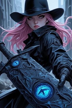 Cool anime character design,Western movie atmosphere,
1 girl,
Beautiful Caucasian woman, with sharp piercing eyes and dark eyeshadow,Long light pink hair flowing from under a stylish cowboy hat. Wearing a sleek black trench coat that billows dramatically. Holding an enormous magical sword with both hands. The sword has a dark blade etched with glowing blue runic symbols. Large, ominous eye embedded in the sword's guard, pulsing with arcane energy. Dynamic pose, ready for battle. Intricate details, high contrast lighting, Anime art style with a touch of realism. 4K resolution, digital painting.",niji6,niji5,Marvel comic style,FLUX comics style