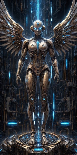 A cybernetic angel statue, with wings made of circuit boards and machine parts, emitting a soft, ethereal glow. Its metal and flesh body blends technology with divine grace, symbolizing harmony between the digital and spiritual realms. The statue stands on a marble pedestal, emanating a gentle light, offering a glimpse into a futuristic world of technological spirituality.,Energy light particle mecha,DonMSt34mPXL,DonMC1rcu17Pl4nXL