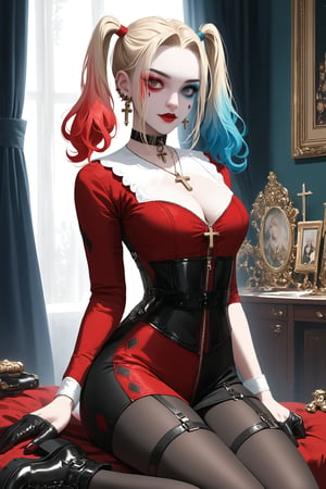 1Girl,Harley Quinn,Nordic girl,Gothic make-up, high ponytail, septum earrings,
 wearing a tight-fitting scarabrio reimagined as a kimono-style garment,The outfit features elaborate baroque patterns in gold and red on a black base,Ornate swirls, cherubs, and acanthus leaves adorn the fabric,The skirt is short and form-fitting. blonde pigtails,makeup is dramatic,pale skin, red lips, in a luxurious baroque-style room with gilded mirrors and velvet, curtains,score_9,score_8_up,score_7_up,lace,hair ornament,see-through,cleavage,ruanyi0623,choker,nun,dress,nunl0l,black gloves,jewelry,corset,LAassunity,pantyhose,garter strap,black footwear,zipper,ruanyi0575,bdsm,inverted cross,Gothic-chic style