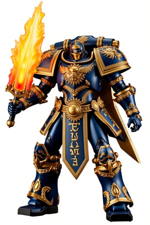 "A highly detailed figurine, of a Warhammer 40K, Space Marine, in full ornate power armor. The figure is imposing, standing tall in a blue and gold suit of armor adorned with intricate designs, including winged skulls and Roman numerals. The Space Marine grips a massive flaming sword with one hand, the blade ablaze with bright orange flames. His armor is embellished with purity seals, chains, and a sunburst crest on the back. The shoulder pads feature golden eagles and a banner displaying the name 'Gulliman.' The overall stance is powerful and heroic, capturing the figure's strength and nobility.",An anime pvc figure of <...>