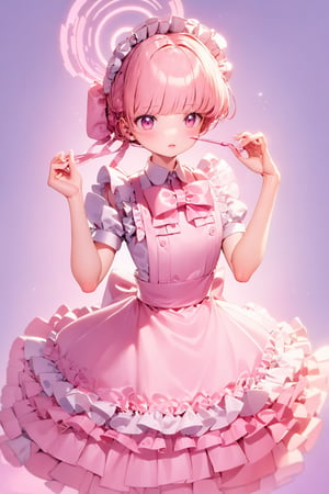  urtra realistic, Heroic fantasy Young lady, hyper realistic pastel color masterpiece, beautiful anime woman, 
charming girl wearing a pink Lolita maid outfit. Envision the maid dress with intricate lace details, delicate frills, and a perfect blend of shades of pink. The outfit may include a stylish apron and matching accessories. Ensure a playful and endearing expression on the girl's face, radiating sweetness and innocence. Optimize for a visually captivating composition that encapsulates the essence of the Lolita fashion aesthetic ",TOKI