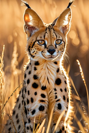 A serval cat standing alert in tall golden grass, bathed in warm sunlight. Its sleek coat shimmers with intricate black spots on a golden background. The cat's large ears are perked forward, and its long legs are poised for action. Soft bokeh effect in the foreground blurs some grass stalks. The afternoon sun casts a golden glow, creating subtle shadows and highlighting the serval's muscular form. Distant acacia trees dot the savanna horizon. The sky is a clear, soft blue with wispy clouds. A butterfly flutters near the serval's whiskers, adding a touch of whimsy to the scene.