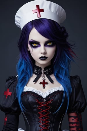  female nurse, a gothic-emo theme, she is characterized by her unique fashion sense,((white nurse uniform)),white nurse cap, deep purple and crimson accents,((syringe in her hand:1.5)), a lace-up corset at her side, and silver accessories with gothic motifs such as crosses.
Her hair is asymmetrically layered and dyed in shades of dark purple and jet black with bright streaks of electric blue and blood red, dark eyeliner and dramatic eye makeup,dal