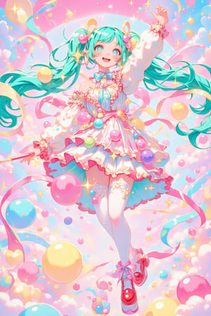 digital art, anime style illustration, cute magical girl, long turquoise twin tails, blue eyes, white and pink frilly dress, red platform shoes, white thigh-high socks, cheerful expression, arm raised in greeting, colorful ribbons floating, pastel color palette, sparkles and stars swirling energy effects, magical wand, heart motifs, fluffy clouds, bubble-like spheres, candy-colored background, soft lighting, cel-shaded, clean linework, vibrant colors, kawaii aesthetic, dynamic composition, 2D style, high detail, fantasy elements, whimsical atmosphere