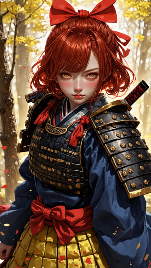 1girl,cute Face,dressed in samurai-style armor, She wears traditional Japanese armor reminiscent of a samurai,Blue coat, yellow hakama
,The design blends elegance with strength, portraying her as a warrior princess,(Large red head ribbon),
Adorning her head is with a faintly red ribbon tied, shining brightly,warrior,samurai