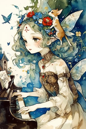 fairy tale illustrations,Simple minimum art, 
myths of another world,
pagan style graffiti art, aesthetic, sepia, ancient Russia,(holy bard),
A singing fairy queen face filled with flowers, a dog playing the piano, and a musical note mark floating in the air.
watercolor \(medium\),jewel pet,Deformed,furry girl,xlinex