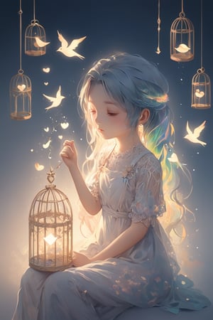 double-exposure:Bird cage and girl,girl inside spiritual world,
A delicate and ethereal depiction of a girl, living inside one's heart,The scene portrays a small, serene girl with a soft, gentle expression. She sits peacefully within a glowing, warm light that represents the heart's core. Surrounding her are intricate patterns of veins and ethereal, misty tendrils that symbolize emotions and thoughts. The girl wears a simple yet elegant dress that flows around her, with colors blending seamlessly into the glowing background. The atmosphere is tranquil and dreamlike, evoking a sense of deep introspection and emotional connection. The overall style is gentle and painterly, with soft edges and a harmonious color palette.,niji5,DOUBLE EXPOSURE