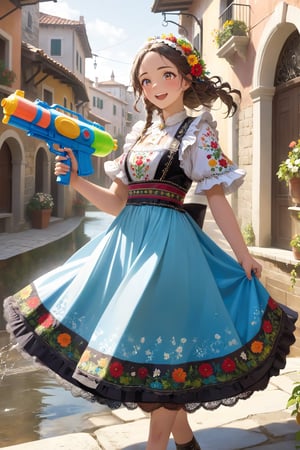 1Girl,Playful Italian girl, in traditional folk costume ,wielding colorful water gun,Ornate embroidered bodice, flowing skirt with regional patterns, lace-trimmed apron. Hair adorned with floral wreath. Joyful expression as she sprays water. Sunlit Italian village square background, ancient stone buildings. Puddles reflecting sky. Dynamic pose, water droplets sparkling mid-air. Blend of tradition and modern fun. Vibrant colors, hyper-realistic details in costume and water effects,flooded city