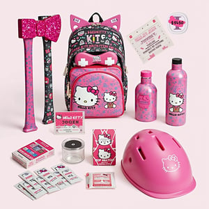 The "Zombie Survival Kit" is filled with adorable Hello Kitty-designed items. The kit includes a bright pink sparkly axe with Hello Kitty's face on the handle, a cute and compact backpack covered in her iconic bow, a small decorated first aid kit, Hello Kitty-printed bandages and syringes, a sleek water bottle with Hello Kitty's face etched on it,Completing the kit is a stylish bubblegum pink helmet with Hello Kitty's ears sticking out from the sides,(The screen has the text "Hello Kitty Survival Kit" and "$450" written in cute font:1.2)