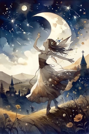 fairy tale illustrations,Simple minimum art, 
myths of another world,Perfect sky, moon and shooting stars,moon on face,
pagan style graffiti art, aesthetic, sepia, ancient Russia,(holy bard),
A female shaman,sunny day,
 warm sunlight,Golden meadow, girl dancing in the meadow,
watercolor \(medium\),DonMP4ste11F41ryT4l3XL,
