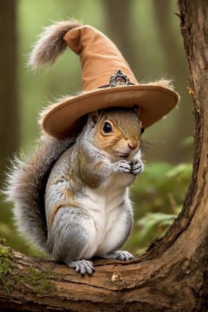 From beneath the brim of the witch's hat, a cute wild squirrel peeks out, its tiny face framed by the hat's enchanting adornments. With bright, curious eyes and twitching whiskers, it adds a whimsical touch to the mystical scene, embodying the playful spirit of nature amidst the magic of the witch's hat.,a1sw-InkyCapWitch