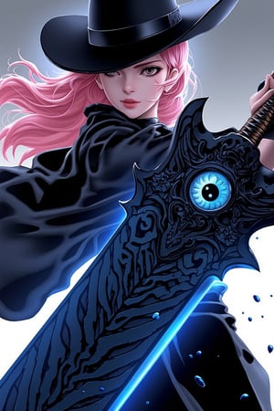 Cool anime character design,Western movie atmosphere,
1 girl,
Beautiful Caucasian woman, with sharp piercing eyes and dark eyeshadow,Long light pink hair flowing from under a stylish cowboy hat. Wearing a sleek black trench coat that billows dramatically. Holding an enormous magical sword with both hands. The sword has a dark blade etched with glowing blue runic symbols. Large, ominous eye embedded in the sword's guard, pulsing with arcane energy. Dynamic pose, ready for battle. Intricate details, high contrast lighting, Anime art style with a touch of realism. 4K resolution, digital painting.",niji6,niji5,Marvel comic style 