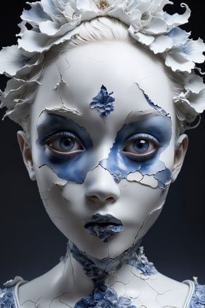 a woman made out of porcelain, white and blue, detailed facial features, organic forms, meticulous,makima,perfecteyes,((crack:1.2))