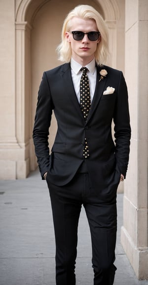 Solo,Realistic photo,albino nasty man, aesthetic French gentleman, emo aristocratic style,long Blonde hair, black round glasses,eye shadow,makeup, chic black business suit with polka dot tie,(luxury golden lapel pin chain),
 rose in chest pocket, Slender man with long legs and tall stature,abmhandsomeguy
