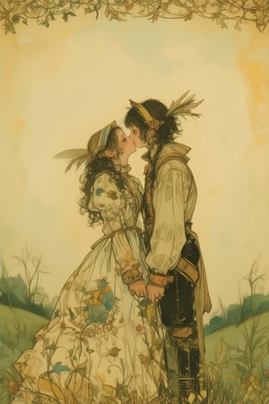 Folklore-style illustration of a couple kissing in warm muted tones,Two characters in medieval or fantasy attire embracing and about to kiss,Male character wearing a wide-brimmed hat with feathers and a puffy-sleeved shirt,Female character in a flowing dress with intricate patterns,Both figures have soft rounded features and curly hair,Characters positioned in profile view emphasizing their closeness,Color palette dominated by muted greens yellows and browns creating a vintage feel,Background features a misty meadow with subtle plant silhouettes,Top of the image bordered by an intricate folk art pattern in darker green,Texture resembling aged paper or parchment applied to the entire image,Art style reminiscent of classic storybook illustrations with fine linework and gentle shading,Soft dreamy atmosphere enhancing the romantic mood,Composition focuses on the central figures with simplified background elements,Overall warm and intimate feeling conveyed through color choice and character poses,,dal,animaport