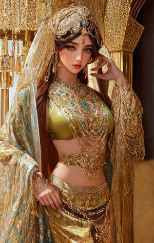 ultra Realistic,Extreme detailed,Arabian Atmosphere,solo,Middle Eastern Noblewoman,elegance of traditional,vibrant colors and intricate patterns, Middle Eastern clothings, creating a sense of movement and depth, Masterpiece,photorealistic,ME_beauty,1 girl,Detailedface,Realism,3va