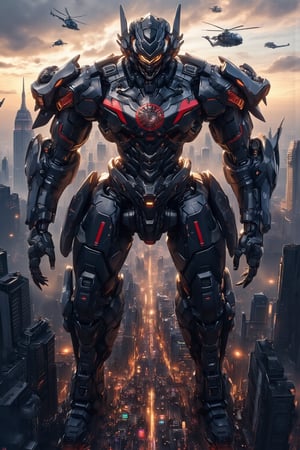 Massive ninja-themed robot in New York City, digital art, 8k resolution. Colossal mecha towering over skyscrapers, design inspired by traditional ninja attire and Japanese flag. Robot's body primarily matte black with red accents. Chest plate features a large, stylized rising sun emblem. Head shaped like a ninja's hood, with glowing red eyes. Shoulder armor resembles overlapping metal plates, mimicking samurai armor. Arms equipped with retractable blade weapons and grappling hooks. Legs designed for agility, with ninja-style tabi boot feet. Smoke bombs and shuriken launchers integrated into the frame. Japanese flag motifs and circuit patterns etched across the body. Robot stands in a dynamic pose amidst New York's iconic skyline. Empire State Building and One World Trade Center visible for scale. Panicked crowds and vehicles in the streets below. NYPD helicopters and news choppers circling. Afternoon sky with dramatic clouds, sun setting behind the robot casting long shadows. Hyper-detailed textures on the robot's surface, showing battle damage and weathering. Photorealistic style with cinematic lighting.,Mecha,real robot