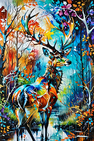 abstract painting Entanglement art,
Crazy colors, awakening, mysterious deer, gigantic, shining antlers, metaphysical deer.