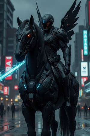 Cyberpunk-style knight on a cyborg horse, digital art. Sleek black cyber-suit with glowing neon blue accents. Imposing black helmet with tinted visor, displaying holographic HUD. Mechanical wings on the back, folded, made of black carbon fiber with exposed circuitry. The cyborg horse is a fusion of organic and mechanical parts, with visible hydraulics and armor plating. Neon lights trace the horse's muscular structure. The knight wields an energy lance, crackling with electricity. Urban night backdrop with towering skyscrapers and flying vehicles. Rain-slicked streets reflect neon signs. Atmosphere is gritty and high-tech. Hyperdetailed textures on the armor and horse's cybernetic parts. Color palette dominated by blacks, silvers, and electric blues. Dynamic pose, suggesting movement and power. Lighting emphasizes the contrast between shadow and neon glow.,Angelic Knight,F-GVA Armour Suit