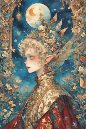 fairy tale illustrations,Simple minimum art, 
myths of another world,Perfect sky, moon and shooting stars,moon on face,
pagan style graffiti art, aesthetic, sepia,
1boy,A young prince from a fairytale, with golden curls and bright blue eyes. He wears a white and gold ornate uniform with a red cape. A delicate crown rests on his head. The prince stands in a sunlit castle garden, surrounded by blooming flowers and butterflies. His expression is kind and curious."
watercolor \(medium\),jewel pet,acidzlime,emo,XUER poster art