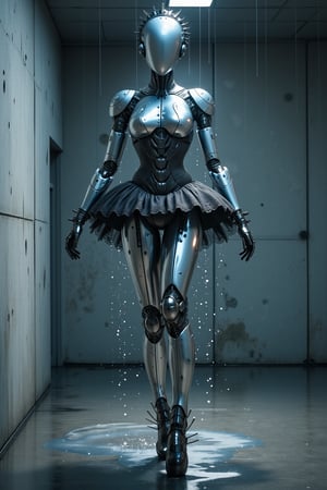 Concrete walls, bright light and soft rain falling from the ceiling, splashes,curvy,
Sleek female android wearing a ballet dancer's tutu, the android's entire body is made of reflective metal with a subtle bluish mirror-like finish.
Body details:
- Smooth curved surfaces with no seams,
- Highly polished surfaces that reflect distorted surrounding views,
- Faint blue metallic sheen in sunlight,
Head:((Featureless metal face)),((Gothic lolita style headdress made of black lace:1.2)),
Pose: Gracefully posed,
Lighting: Complex reflections and caustics from the water on the lower body,
Photorealistic rendering highlighting accurate metal properties and reflections. A balance of aesthetic appeal and technical marvel, cyborg style, mecha,,hanxhelm,