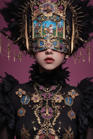 Highly detailed portrait of a woman wearing an extravagant, gothic-inspired headdress and jewelry, blindfolded,
The headdress resembles a cathedral, with intricate stained glass windows depicting religious scenes,Elaborate metalwork frames the windows, with dangling chains and tassels. The headdress extends outwards like wings, adorned with more metalwork and jewels. A mask covers the upper half of the face, made of ornate gold filigree and studded with gemstones, leaving only the lips visible. Around the neck is a thick collar of black feathers. An ornate chest piece covers the upper body, featuring religious iconography, gemstones, and intricate beadwork. Multiple necklaces with crosses and pendants hang below. The overall style is a mix of gothic, religious, and steampunk aesthetics. Hyperrealistic, studio lighting, 8K resolution.,blindfolded flower,Made of adrr-zllj,dal