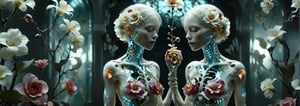 full Body,
1girl,solo,Transparent glass  albino female cyborg,
((fractal pattern Flowers)), Skeleton and organs made of vibrant flowers. Mechanical joints visible. Heart of roses, lungs of hydrangeas, brain of orchids. Flowers spilling from slight cracks. Soft backlighting emphasizing transparency. Elegant pose. Simple futuristic background. Photorealistic style with high detail on glass and floral elements.",Clear Glass Skin,tranzp