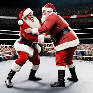 "Create a lively and humorous image where Santa Claus is being skillfully thrown by his wrestling opponent, showcasing the comical dynamics of a professional wrestling move. Emphasize the festive attire of Santa, the dramatic execution of the wrestling technique, and the animated reactions from both Santa and the crowd, capturing the entertaining spectacle of Santa engaged in a playful wrestling match."