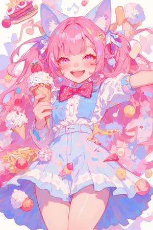 Vibrant colorful anime-style illustration,  cheerful cat girl, long pink hair and cat ears,Cute smile,Wearing a light blue and white outfit with red bow tie,strawberry cake, ice cream cones, and musical notes. Background filled with pastel pink and purple colors. Kawaii style, highly detailed, digital art. Food items floating around: popcorn, fries, hamburger. Playful and energetic atmosphere. Chibi style elements. Sharp, crisp lines. Bright, saturated colors. 2D art style.,dal style,animaport,lyh