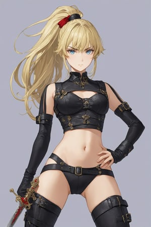 boyish girl,15yo,Beautifully detailed blue eyes,Almond Eyes,round eyebrows,
navel, underboob,chest binder,Thick ponytail hair,Blonde,wearing spats.,leg pouch,dagger,
A beautiful assassin with a dagger at the ready, listening attentively to her enemies.,elegg,ani_booster