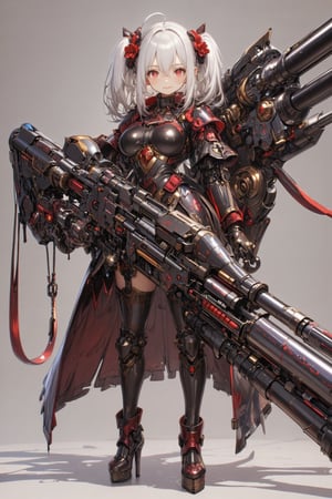 1girl, anime-style illustration of a brave young woman wielding a gigantic Gatling gun, Character: two-tone hair (white and gold pigtails), red flower accessory, Outfit: black and red dress with gothic details, thigh-high boots, Expression: confident smile,
Gatling gun: oversized futuristic design. Gatling gun with black metal body with red accents and glowing parts, multiple rotating barrels, gun bigger than the character herself, intricate patterns on clothing and weapon, slight metallic sheen on gun parts. Overall impression: a strong and stylish fusion of traditional Asian aesthetics and futuristic weaponry. ,Anime style,Fantasy girl,\Mechaco\,Plasma gun,Mythical dark purple SR