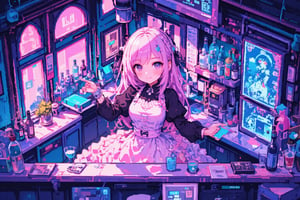 pixel art diorama,1girl,solo,chibi girl,pastel frilly apron, glamorous dress with frills and bows, girl is smiling and welcoming,
cyberpunk bar setting, isometric view, limited color palette, 16-bit era aesthetic, futuristic bar interior, bar table, glasses and alcohol, holographic monitor, neon lighting, old vs new elements, retro-futuristic atmosphere, detailed pixel shading, miniature scene atmosphere, soft vignette edges, cyberpunk color scheme with pastel accents, intricate pixel pattern on dress, glowing technology effect, pixelated lens flare, low-res charm, nostalgic game style, small animation details,lyh,anime,Pixel Art,ZanyEyesStyle