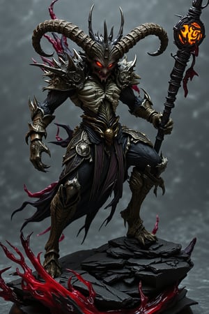 pvc figure,
 towering, demonic creature with the body of a muscular beast, draped in tattered, rune-covered robes. Its grotesque head features multiple twisting ram horns, sharp fangs, and hollow eyes glowing with dark magic. The creature wields a massive, sinister staff topped with a chaotic, glowing symbol. Its clawed hands and hooved legs are covered in patches of decaying skin and fur. A long, segmented tail, ending in a sharp spike, curls menacingly behind it. The entire figure exudes an aura of dark sorcery and ancient evil, standing over a ruined, magical battlefield.",Skaven,An anime pvc figure of <...>,assassinkahb style