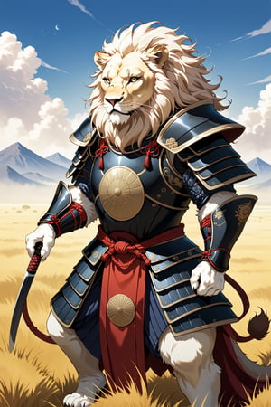  albino male lion, dressed in the attire of a samurai, its pristine white fur contrasting with the traditional samurai armor adorned with symbols of strength and honor. With a regal stance and piercing eyes reflecting wisdom and determination, the lion exudes nobility and power. Despite its imposing presence, there is a sense of grace and tranquility about this majestic creature. As it roams the plains, it commands respect and admiration, embodying the spirit of a noble warrior in the animal kingdom.,warrior