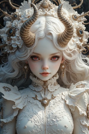 (long intricate horns:1.2) ,albino demon girl with enchantingly beautiful, alabaster skin, A benevolent smile,girl has Beautiful red eyes,soft expression,Depth and Dimension in the Pupils, white eyelashes, Her porcelain-like white skin reflects an almost celestial glow, highlighting her ethereal nature,Every detail of her divine lace costume is meticulously crafted, adorned with jewels that sparkle with a divine radiance, Capture the subtle intricacies of the lacework, emphasizing the delicate patterns that complement her unearthly features. From the curve of her horns to the flowing elegance of her dress, every aspect contributes to an aura of supernatural allure. The jewels, carefully placed, create a mesmerizing dance of light that enhances her divine presence, Consider the composition to portray her in a setting that complements her celestial beauty, whether it's a moonlit garden or a mystical realm, Illuminate the scene with soft, enchanting light to accentuate the magical and mysterious atmosphere,The overall goal is to evoke a sense of wonder and captivation, celebrating the unique and transcendent beauty of this albino demon gir,watercolor \(medium\),PorcelainDollPrincess