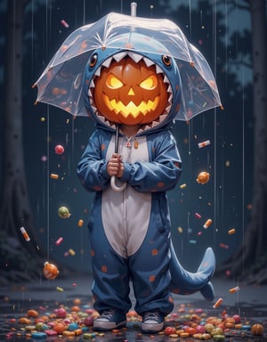 Jack o'lantern wearing cute blue-grey shark kigurumi standing under colorful candy rain, Holding transparent umbrella decorated with small candy patterns, Shark costume features soft plush material with white belly and felt teeth along hood, Carved pumpkin face glowing warmly through costume with playful expression, Various candies falling like rain - colorful lollipops wrapped candies and candy corn creating magical atmosphere, Umbrella slightly tilted catching candy pieces creating fun display, Shark costume's tail and fins bouncing playfully in candy storm, Inner pumpkin glow illuminating nearby falling candy with warm orange light, Small puddles of scattered candy forming at base, Costume appears slightly oversized creating charming effect, Background shows twilight Halloween setting with candy rain streaks