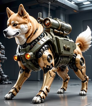 Extreme detailed, ultra Realistic, futuristic, A Shiba Inu with a high-tech Gatling gun on its back,large MISSILE pod,1Dog, large Gatling gun, fire, high-tech cybernetics Dog, four legs, ULTRA Real, Realistic dog, military, monster, ,mecha
