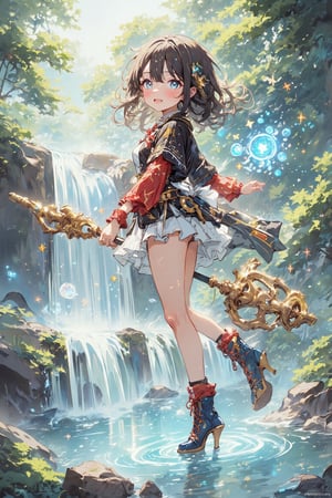 Anime-style illustration of a cheerful young alchemist girl. Short black hair with ahoge, blue eyes, bright smile. Tribal face paint: delicate swirling patterns in white around eyes and cheeks. Outfit: white shorts, black and gold jacket, red arm wraps. Holding ornate gold-tipped staff. Floating magical items: glowing potion bottles, small creatures. Accessories: star-shaped hair clip, unique high-heeled boots (blue, gold, red). Pose: turning to look at viewer, one leg lifted playfully. Color palette: black, white, gold, red, blue accents. Style: clean lines, vibrant colors, detailed. Background: beautiful waterfall pool. Lush greenery, sparkling water, misty air. Lighting: soft, magical glow from both character and waterfall. Mood: joyful, mysterious, adventurous. Key details: smoke from potion, floating stars, intricate designs on clothing and staff. Overall: charming blend of magic, science, and nature in energetic character design.,dal,fantasy girl