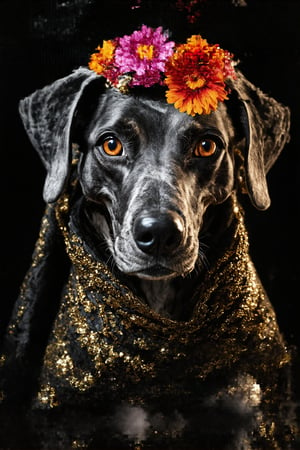 close up portrait, Chaotic black and white patterns, asymmetrical silhouettes, (Ultra High Definition), (Ultra-Realistic 8k CG),colorful Flower,
1 dog,
vivid scene where the  dog skeletal-faced Delicate face, soft skin. very real and beautiful, detailed  dog face, glittering  dog skin, detailed  dog eyes, hyperdetailed, sharp, intricated,fantasy flowers, dog skull decorated with gold, adorned in tattered ceremonial robes,detailed,in Velvet Room,