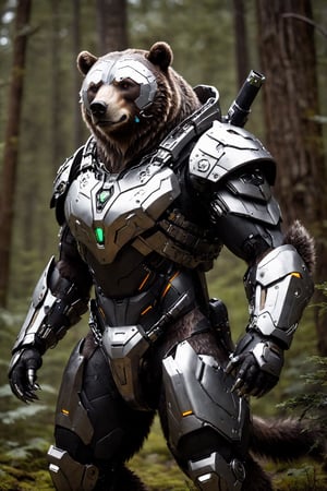 A cyborg grizzly bear combines raw natural power with advanced technology. This fearsome creature features a blend of organic fur and sleek metallic components. Its limbs are reinforced with steel plating and hydraulic joints, enhancing its strength and agility. Cybernetic eyes glow with a menacing light, capable of night vision and advanced targeting. The bear’s claws are replaced with razor-sharp, retractable blades, and its body is equipped with hidden weaponry. This fusion of beast and machine creates a formidable predator, both in the wild and in combat scenarios.,exosuit