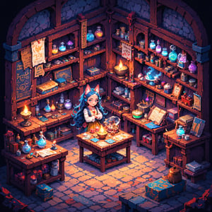 Isometric pixel art ,fantastical alchemist shop, 16-bit style, female anthropomorphic dog shopkeeper, magical potions and ingredients, steaming cauldrons, ancient spell books, crystal balls, glowing runes, floating herbs, colorful liquids in glass vials, wooden shelves filled with curiosities, enchanted artifacts, medieval fantasy setting, warm candlelight, cobblestone floor, cluttered workbench, magical symbols etched on walls, bubbling experiments, mystical smoke effects, cute pixelated characters, vibrant color palette, retro game aesthetic, detailed micro scenes, alchemy apparatus, mortar and pestle, star charts, dragon eggs, fairy dust jars, magical wands, quirky fantasy elements, cozy shop interior, charming pixel details, depth through dither shading, isometric perspective grid, clean pixel edges, no anti-aliasing,Pixel Art,Color