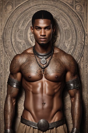 A robust ancient African warrior adorned with intricate tattoos, showcasing a rich tapestry of cultural symbols and tribal artistry. The warrior's physique reflects strength and resilience, and the tattoos, carefully etched across their body, tell stories of heritage, achievements, and rites of passage. This representation celebrates the ancient traditions and artistry of African warriors, creating a visual tapestry that captures both strength and cultural identity.,Stylish