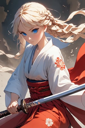 one girl,
A girl wearing pure white Japanese clothes, blue eyes, beautiful face, very delicately woven braided hair, incredibly complex braided hair, pure white Japanese clothes, red obi, white hakama,ready to draw,sword and slashing at the enemy the moment it takes,DonMM1y4XL,Expressiveh,concept art