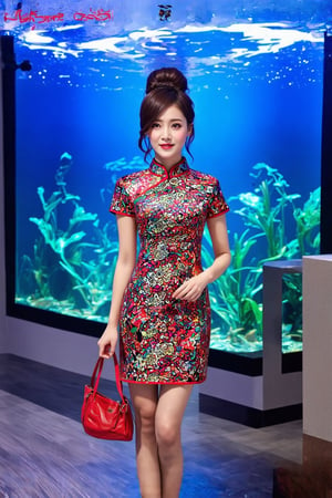 1girl,Young woman, in modern Guochao (Chinese national trend) fashion, standing before a giant aquarium, She wears a chic qipao dress with contemporary patterns, mixing traditional Chinese elements and pop art. Her hair is styled in a modern updo with decorative hairpins. The dress features vibrant colors and sleek cut, blending traditional silhouettes with street style aesthetics. I,ek_real_b00ster