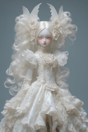 Imagine a ball-jointed doll,albino demon girl,
dressed in a cyberpunk-inspired Rococo dress. The doll features intricate joints, allowing for lifelike poses. Her dress merges the ornate elegance of Rococo with futuristic cyber elements. The fabric is a mix of rich silks and metallic materials, adorned with elaborate lace and digital patterns that glow subtly. The bodice is detailed with delicate ruffles and cybernetic embellishments, while the skirt flares out in layers, combining traditional Rococo volume with sleek, modern lines. Her hair is styled in a powdered wig, interwoven with fiber optic strands, ,DonMM1y4XL