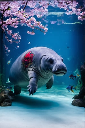 A large manatee floats gracefully in a spacious aquarium tank. Its grey skin is adorned with intricate Japanese-style tattoos. On its back, a fierce oni (Japanese demon) mask is inked in bold red and black, with golden accents highlighting its horns and teeth. Delicate pink cherry blosssom branches with drooping flowers stretch across the manatee's sides, creating a beautiful contrast to the oni. The tattoos appear to shimmer and move with the manatee's skin as it swims. Crystal-clear water surrounds the creature, with small bubbles rising. Soft blue lighting illuminates the tank, enhancing the tattoos' colors. Other fish dart around the manatee, some pausing to investigate the unusual sight. Aquarium 