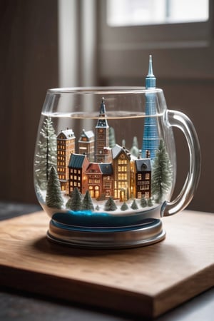 Imagine a lively metropolis within the beer stein – tiny skyscrapers made from delicate glass, intricate streets lined with minute trees, and even a microbrewery corner with its own nano-sized patrons. Every detail, from the miniature lampposts to the teeny-tiny park benches, contributes to the charm of this beer glass diorama. The cityscape comes to life, capturing the essence of a bustling urban environment in a whimsical and incredibly detailed fashion.,rivghn