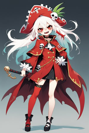  g hikorou style,
1Girl,Comical anime,evil female commander, pirate captain motif,Bright red suit, flowing cape,very Long spike white hair, spiky bangs. Sharp eyes, mischievous grin with pointy teeth. Oversized pirate hat, eyepatch with skull design. Golden hook hand, ornate peg leg. Parrot sidekick on shoulder. Exaggerated hourglass figure, dynamic pose. Surrounded by cartoony effects. Cel-shaded style, bold outlines. Vibrant colors. 8K resolution, focus on facial features and outfit. Blend of villainy and comedic charm in anime aesthetics,
devilot_de_deathsatan